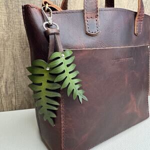 Leather Purse Charm Fern Leaf Bag Charm Genuine Leather Purse Keychain NEW